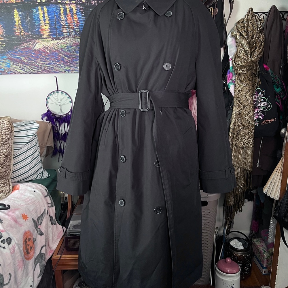 London Fog Vintage Black Trench Coat Removable Winter Liner 42 Short